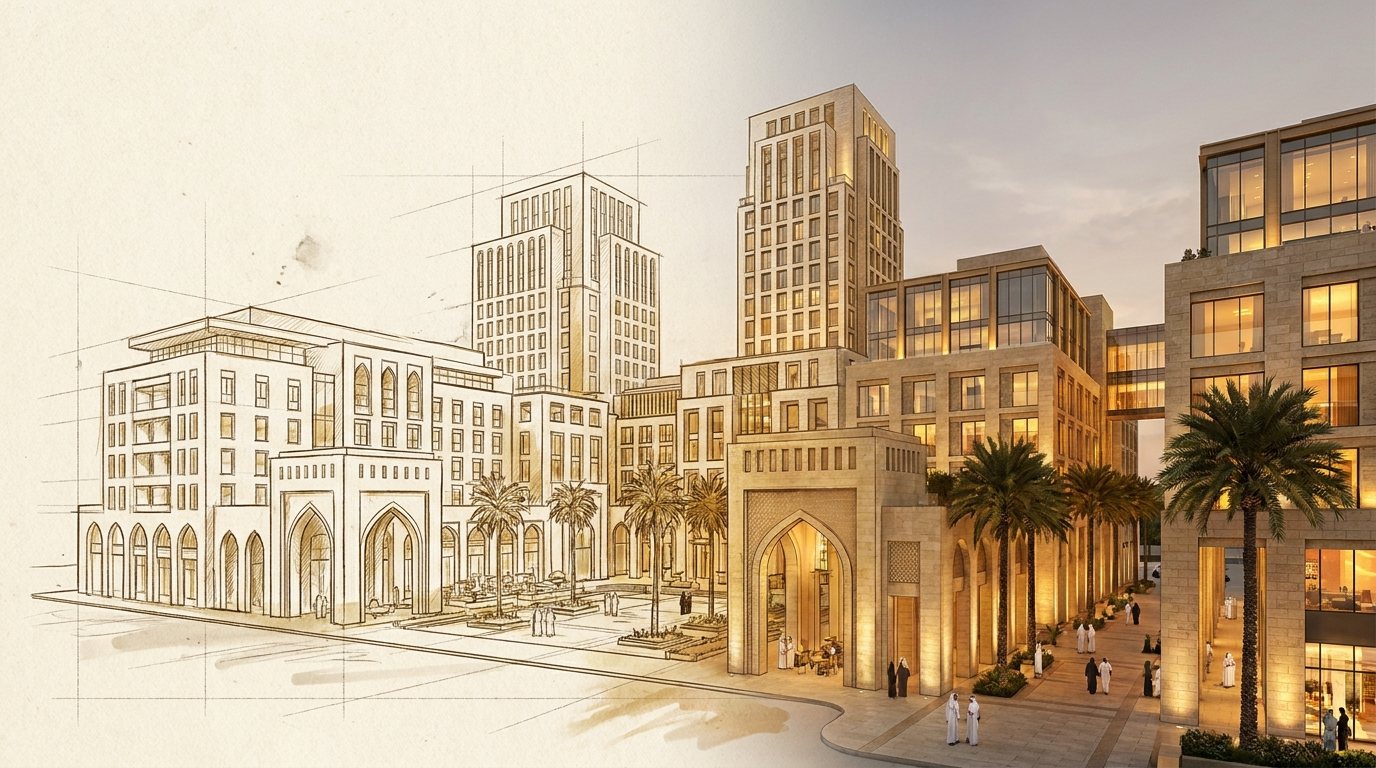 مخطط معماري يتحول تدريجياً من رسم يدوي بخطوط ذهبية إلى مشروع عمراني واقعي مضاء وقت الغروب